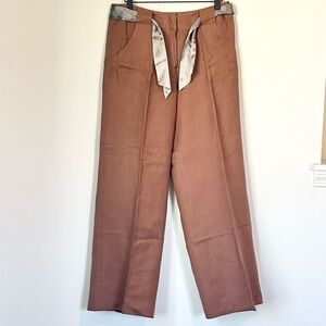 Elegant Wide Leg Brown Linen Blend Pants with Silver Fashion Tie - Size: 10